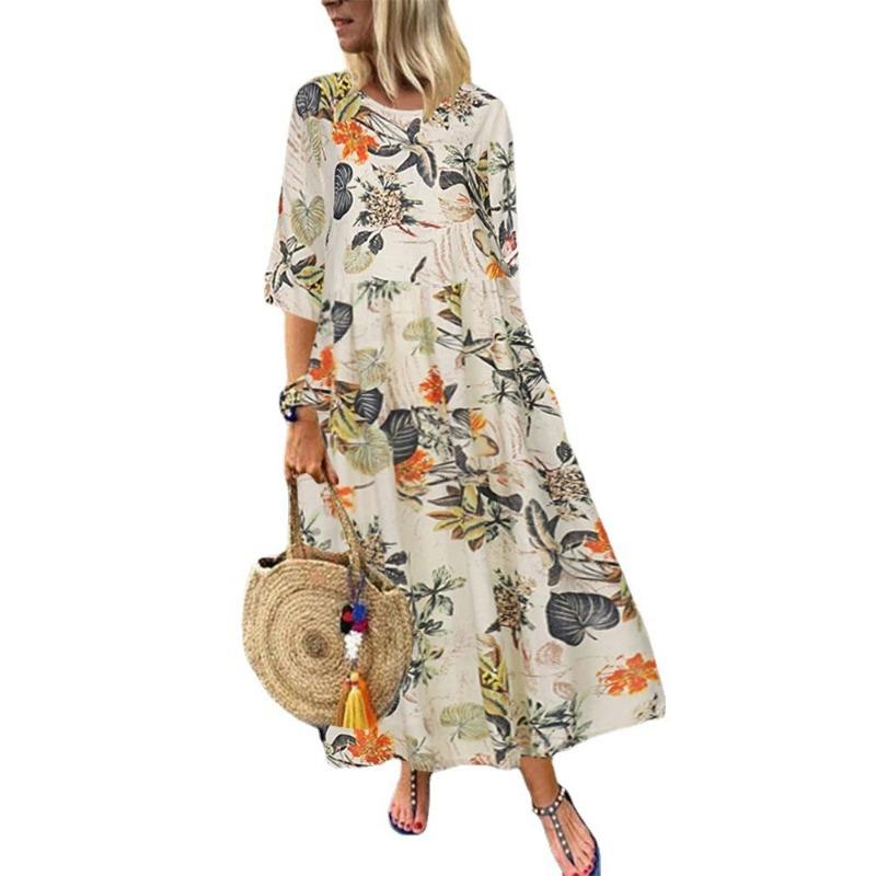 Женское длинное винтажное богемное платье с плиссированными рукавами и принтом на талии