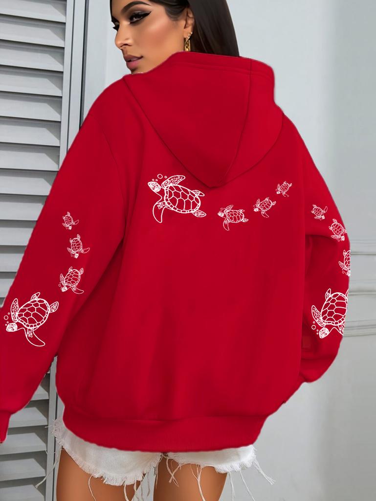 Creative turtle swimming print men's and women's hooded sweatshirt, autumn and winter casual warm sports top, adult fashion clothing