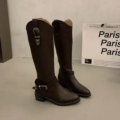 Модные винтажные кожаные ботинки женские с ремешком и пряжкой, остроносые, на платформе, в стиле вестерн, ковбойские, осенне-зимние, с глубоким V-образным вырезом, с высоким голенищем, повседневные