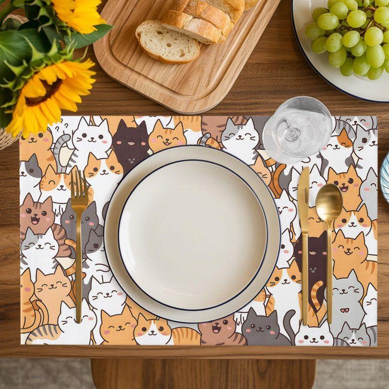 VIKAMA Pet Cat Theme Placemats Colorful Cartoon Kitten Print Heat‑Resistant Table Mats For Family Dining Table Home Decor