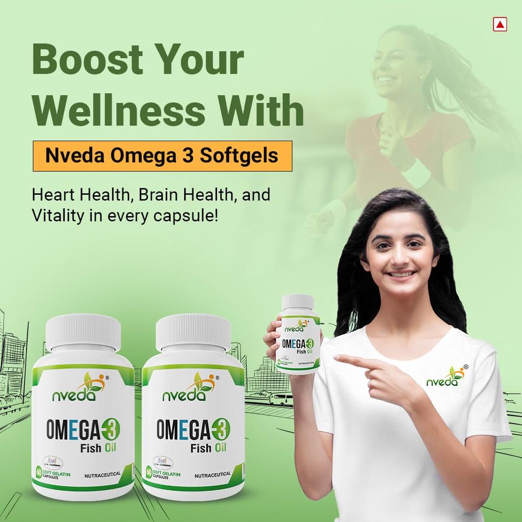 Nveda Omega-3 Fish Oil 1000mg Capsules for Men & Women 60 Softgels Heart Brain Eye Joint Support Pack of  2