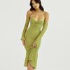 Women Summer Sexy Backless Club Party Green Mesh Sheer Gown Elegant Halter Midi Dress