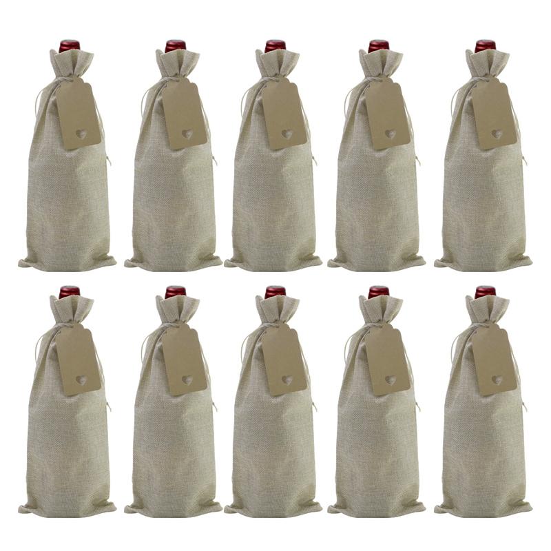 10 шт. Мешковина на кулиске Винный мешок Джутовый чехол для упаковки винных бутылок с бирками Многоразовый подарочный мешок для вина для рождественской вечеринки