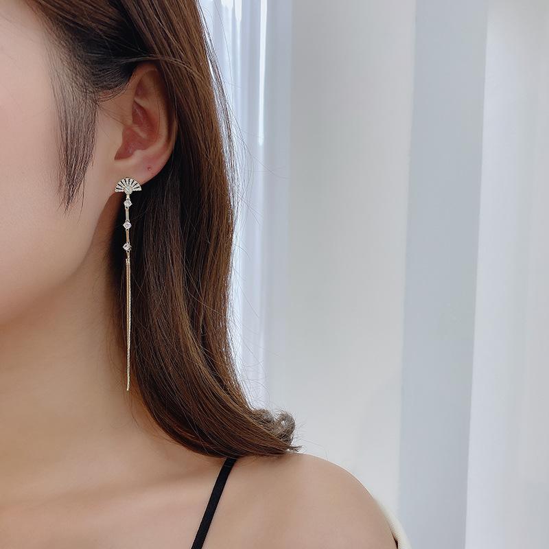 Новые корейские модные серьги женские асимметричные темпераментные длинные серьги-иглы из серебра 925 пробы с цирконами веерообразные серьги с бахромой
