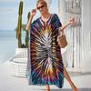 Plus Size Boho Cover Up, Women's Plus Painting Print Bat Sleeve V Neck Split Hem Maxi Cover Up Dress