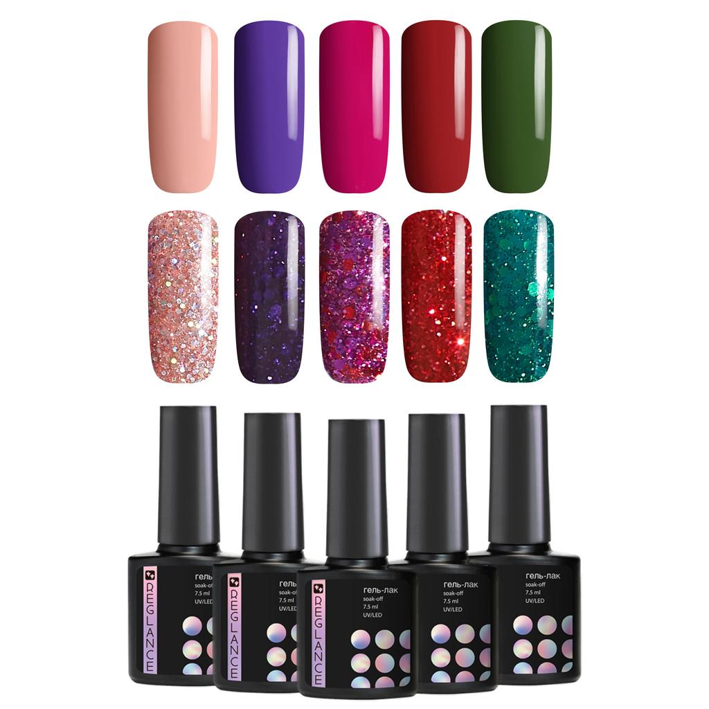 Набор для гель-лака 10 цветов Reglance 7,5 мл Soak Off UV LED стеклянная бутылка