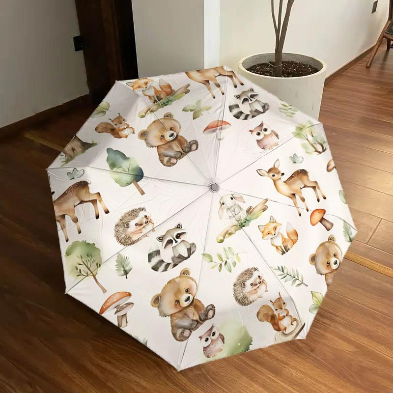 Woodland Animal Forest Friends - Automatic Opening Umbrella, Portable Tri-Fold Design, 8-Bone Iron Frame Outdoor Umbrella, Festival Gift for