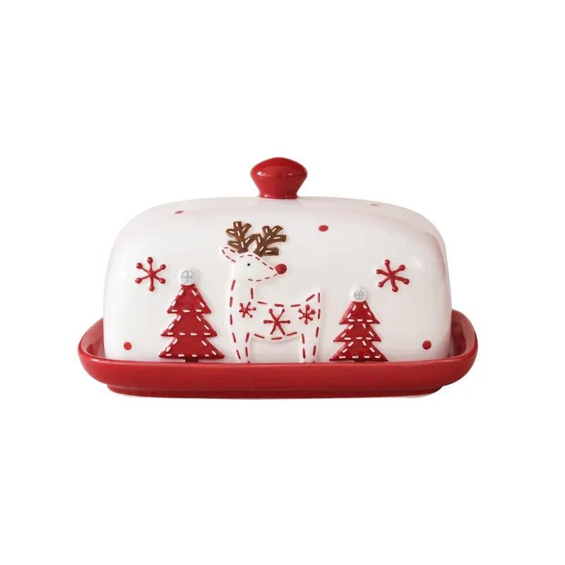 Nordic Santa Claus Elk Ceramic Butter Dish with Lid Christmas Party Cakes Sweets Desserts Plate Cheese Tray Snack Dessert Dish