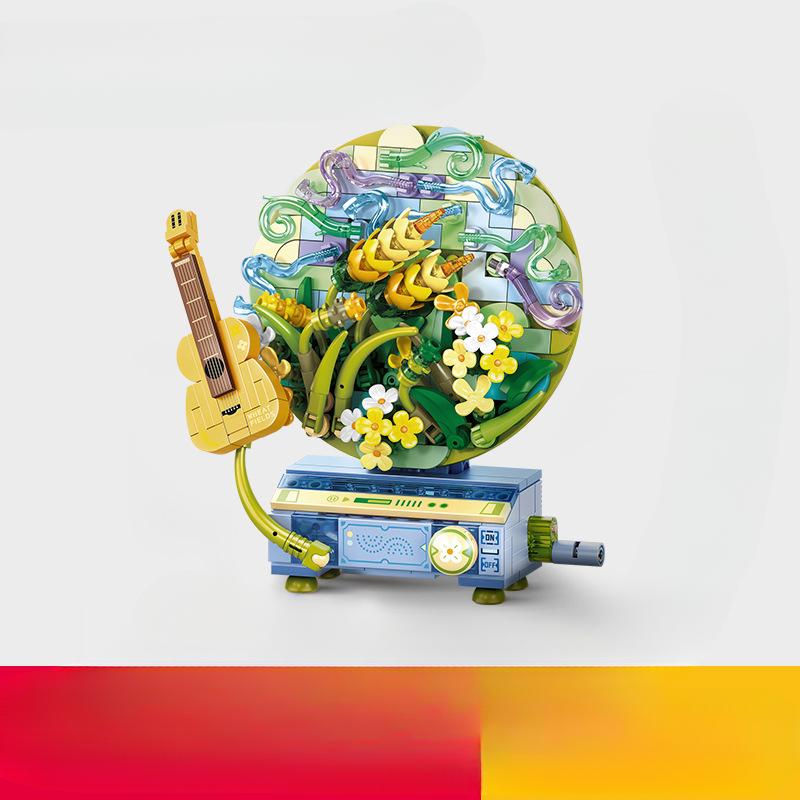 Строительный блок Flower Language Rotary Record Machine совместим с детскими собранными образовательными игрушками своими руками