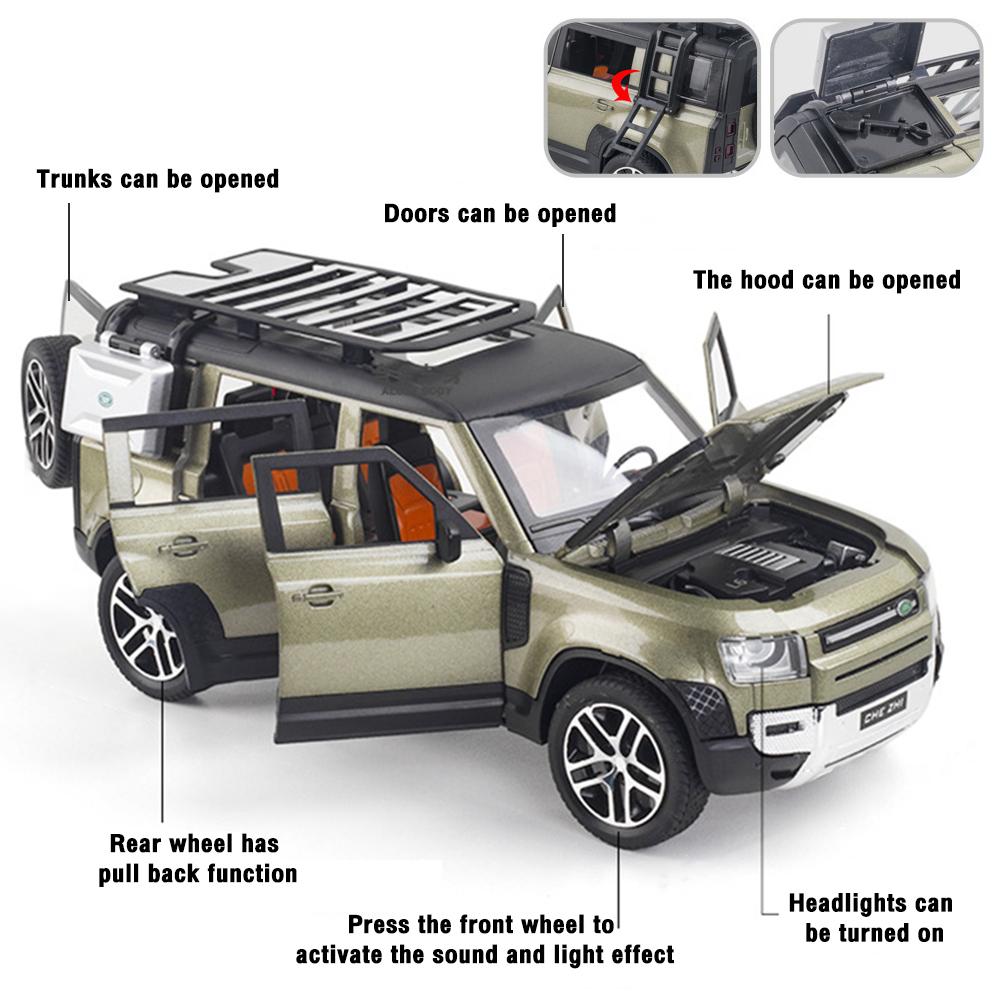 Масштаб 1/24 Land Rover Defender SUV, металлический литой под давлением игрушечный автомобиль из сплава, модель автомобиля со звуком и светом для мальчиков, детей, подарок, транспортные средства, коллекция хобби