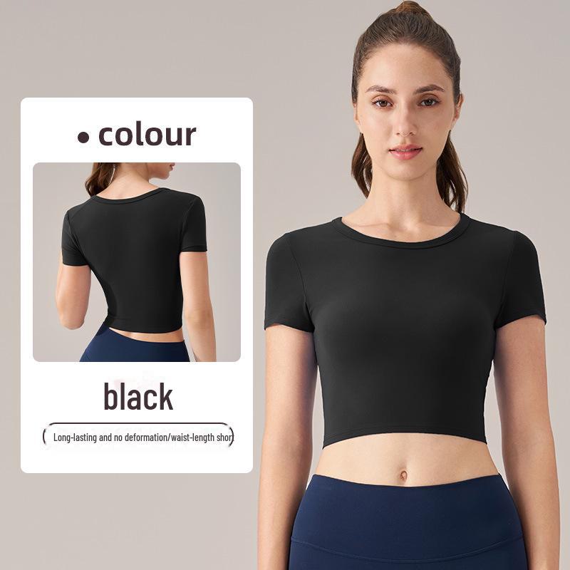 Женские летние топы для йоги из лайкры с круглым вырезом и коротким рукавом — высокая эластичность, удобная посадка для фитнеса и спорта.