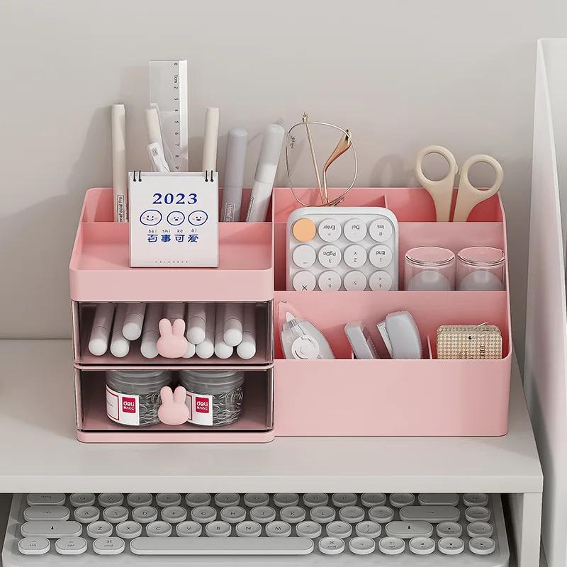 Transparent Desktop Cosmetic Storage Box Drawer Organizer with Pen Holder Stationery Storage Rack for Office Desks Makeup