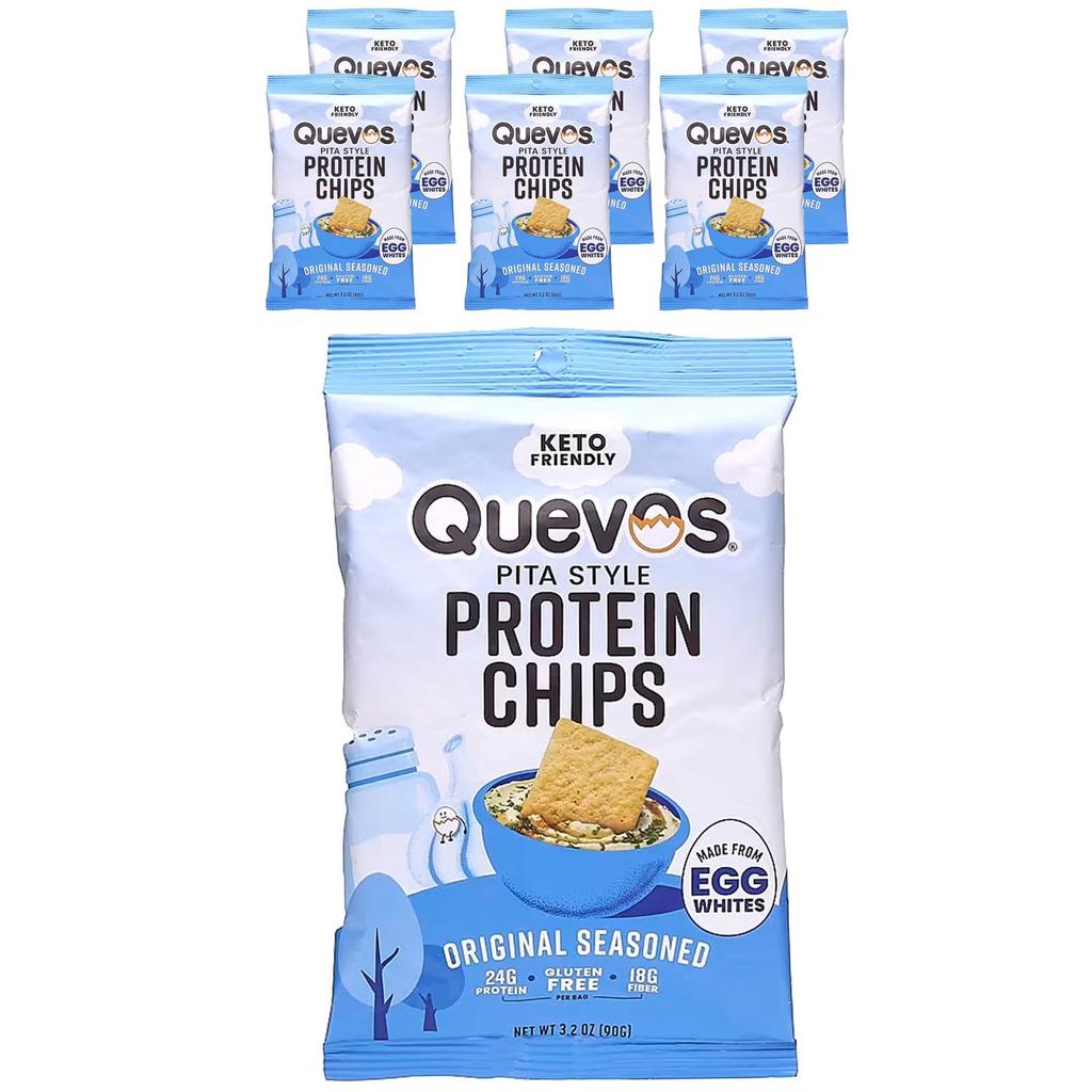 Quevos Pita Style Protein Chips, Original Seasoning, 6 Family Pack Bags, 90g Each (3.2 Pieces)