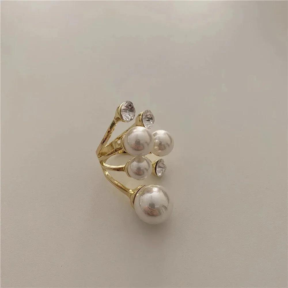 French Simple Multilayer Imitation Pearl Metal Rings for Women Shiny Zircon Crystal Party Wedding Jewelry Accessories Women Gift