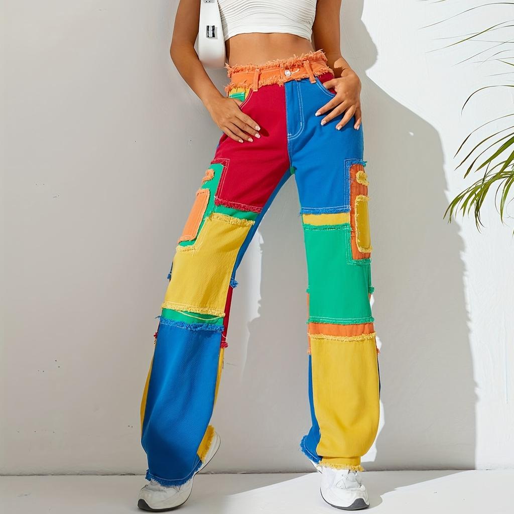 Personality American Dazzling Street Panels Ins Raw Edges Versatile High-waisted Loose Straight-leg Denim Trousers Women