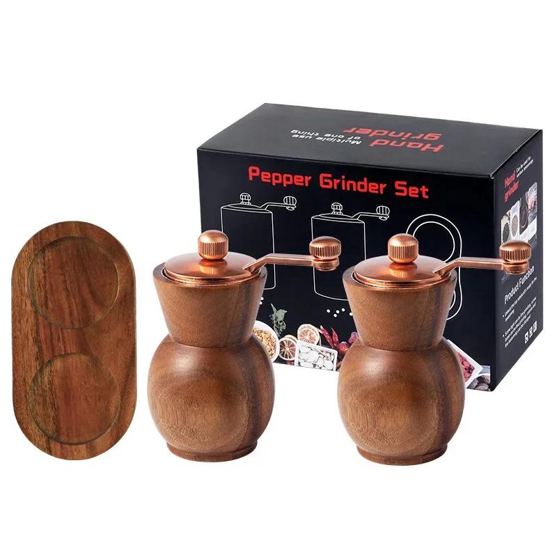 Wood Salt and Pepper Grinder Hand Cranked Set with Base Multi-purpose Pepper Mills Seasoning Organizer Box Kitchen Cooking Tools