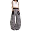 Vintage Leopard Patchwork Streetwear Wide Leg Denim Pants Unisex Loose Fit Low Waist Straight Cut