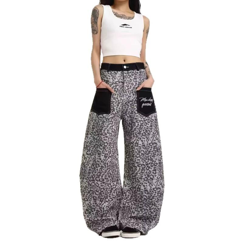 Vintage Leopard Patchwork Streetwear Wide Leg Denim Pants Unisex Loose Fit Low Waist Straight Cut