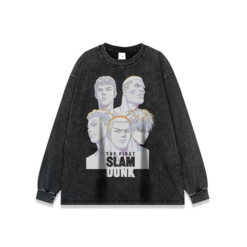 Unisex Vintage Washed Cotton Long Sleeve Tee With Cartoon Print Oversized Fit Streetwear Style
