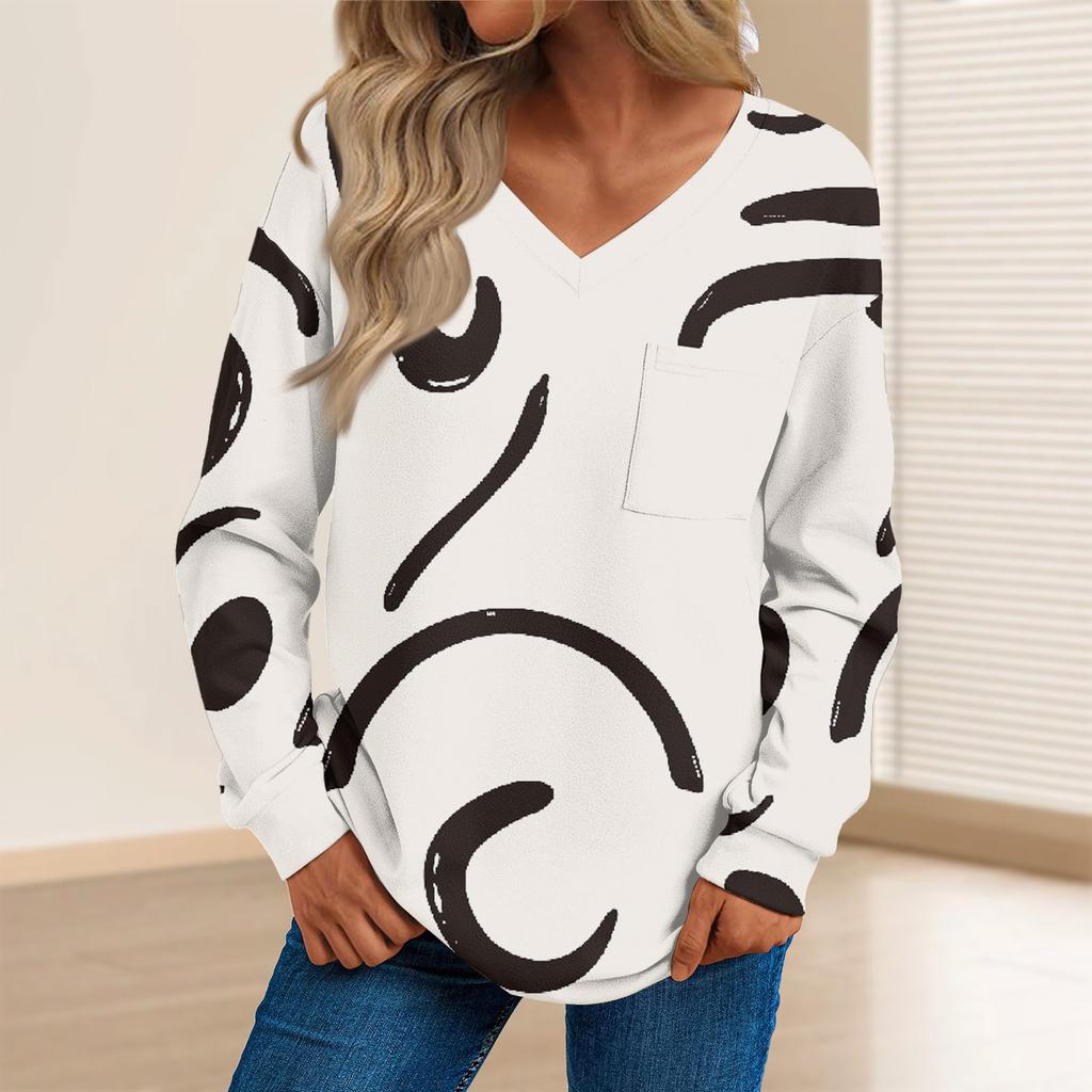 Женская мода повседневный свитер с длинным рукавом и принтом V-образным вырезом