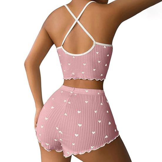 2 Pcs/Set Women Vest Shorts Suit Bow Heart Print Sleeveless Shirring Top High Waist Short Trousers Homewear Loungewear Outfit Summer Sleepwear
