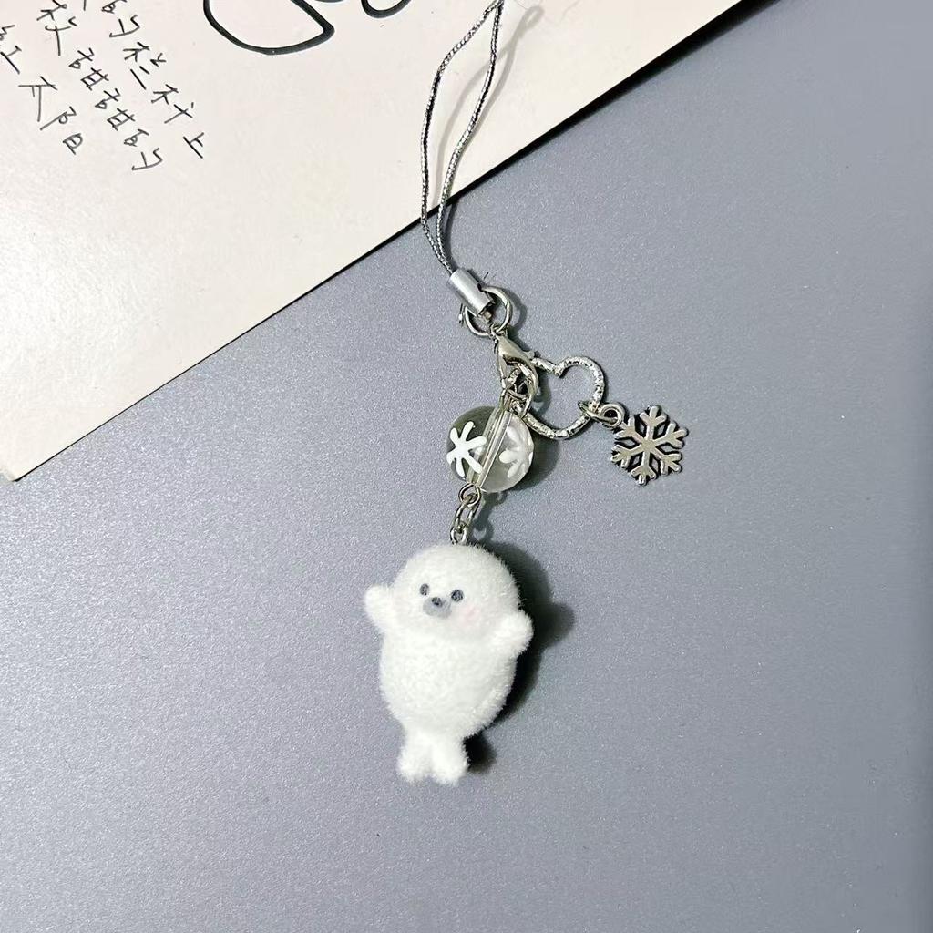 Resin Flocking Sea Otter Animal Keychains Fluffy Cute Cartoon Marine Animals Pendant Bag Earphone Case Phone Lanyard Accessories