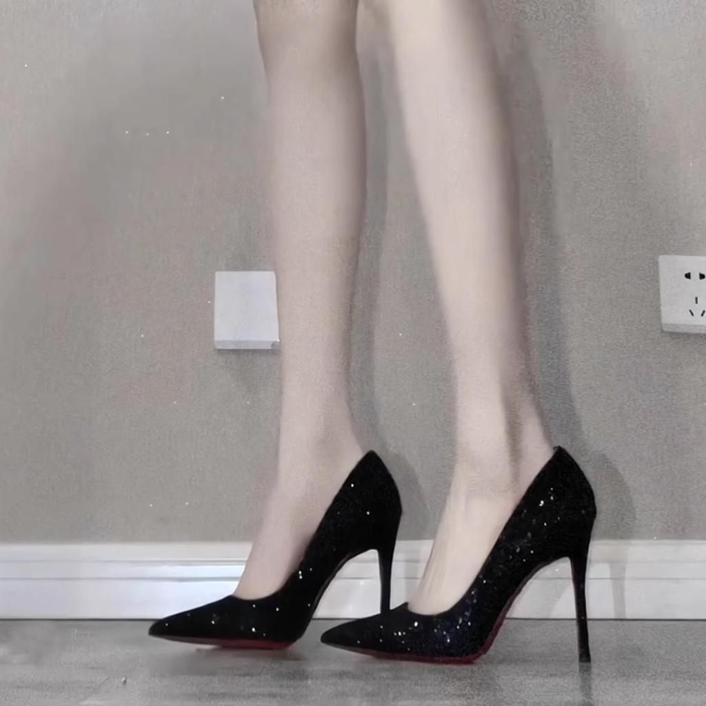 Sequined Red-soled High Heels Women's Spring and Autumn 2024 New Black Stiletto Sexy Pointed Beautiful Professional Temperament Single Shoes