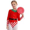Kids Dance Leotard Christmas Costume Long Sleeve Stripes Brass Bells Belt Athletic Wear