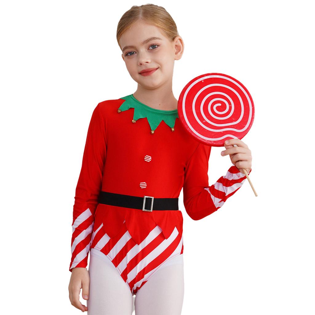 Kids Dance Leotard Christmas Costume Long Sleeve Stripes Brass Bells Belt Athletic Wear