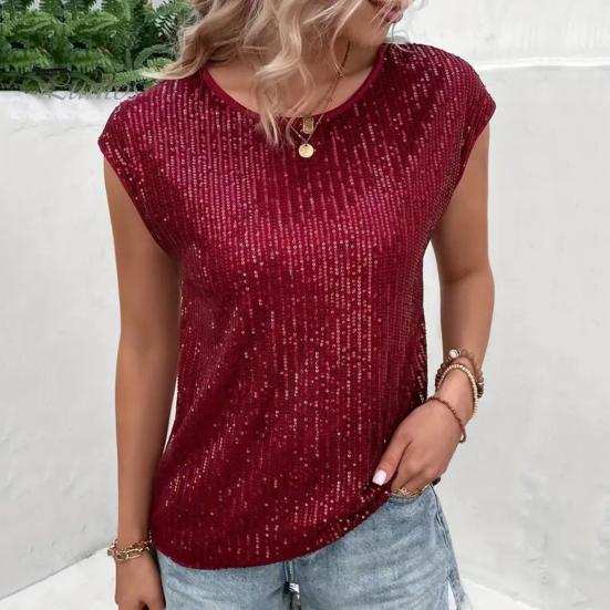Женская футболка с круглым вырезом без рукавов свободного кроя футболка с блестящими пайетками повседневные футболки стандартного кроя топ повседневная одежда