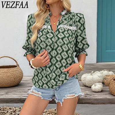 Женские модные повседневные летние весенние блузки и рубашки с v-образным вырезом и короткими рукавами с геометрическим принтом