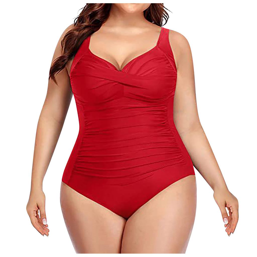 Women's Fashion One-Piece Plus Size Solid Colour Swimming Costume With Chest Pad And No Steel Bra