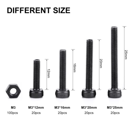 Hilitand M3 Hex Socket Head Bolt and Nut Kit, 4/5/6/8/10/12/16/20/25mm, 12.9 Strength Alloy Steel, 280 Pieces, Black, DIN912