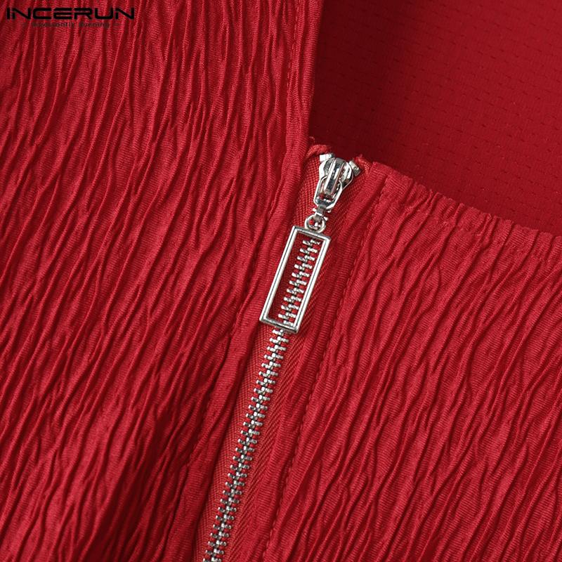 INCERUN Мужские весенние футболки с длинным рукавом на молнии с текстурой