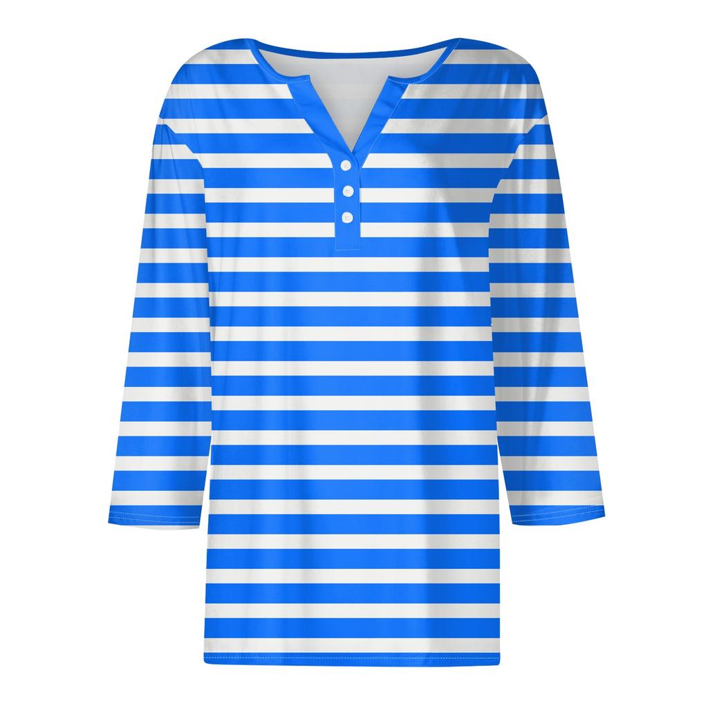 Жен. Футболка Футболка С принтом Пуговицы Рукав 3/4Ежедневно Выходные Мода Классический Топ с v-образным вырезом Обычный