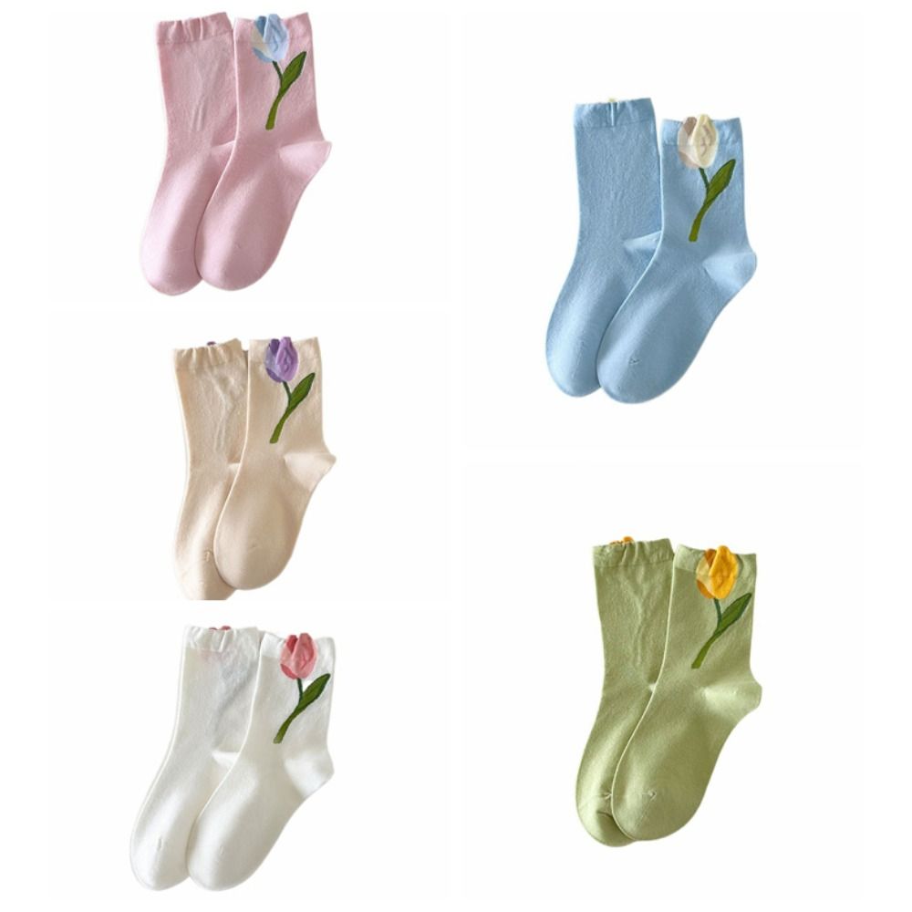 5Pairs Breathable Mid Tube Socks Thin Socks for Women Cute Tulip Flower Socks  Lady