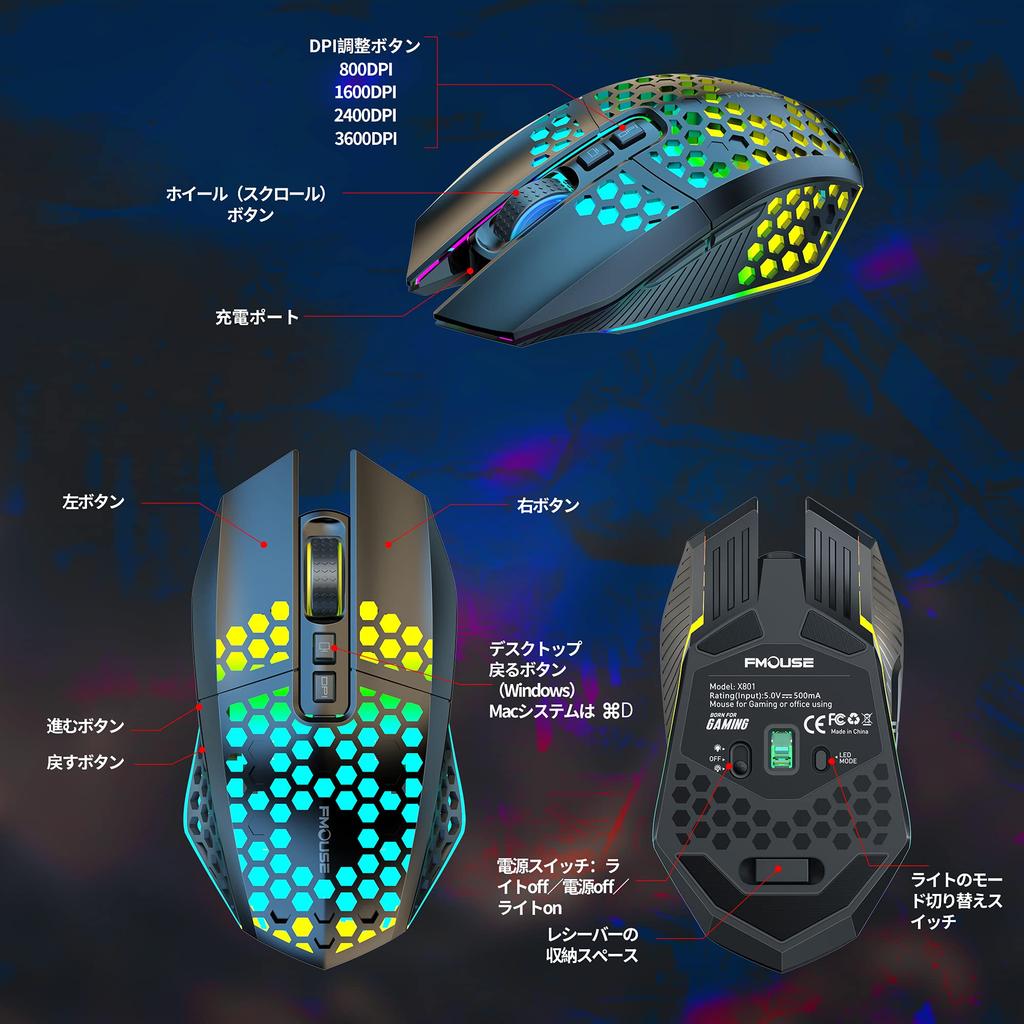 Gaming Wireless Optical Adopts Honeycomb High Up to 4 Levels RGB 7 Sweatproof Mouse, Mouse, Shell, Rechargeable, Precision, 3600DPI, Adjustable,