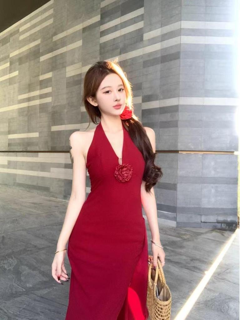 Женское облегающее красное вечернее платье с 3D-цветочным халтером - Облегающее платье-бодикон с разрезом