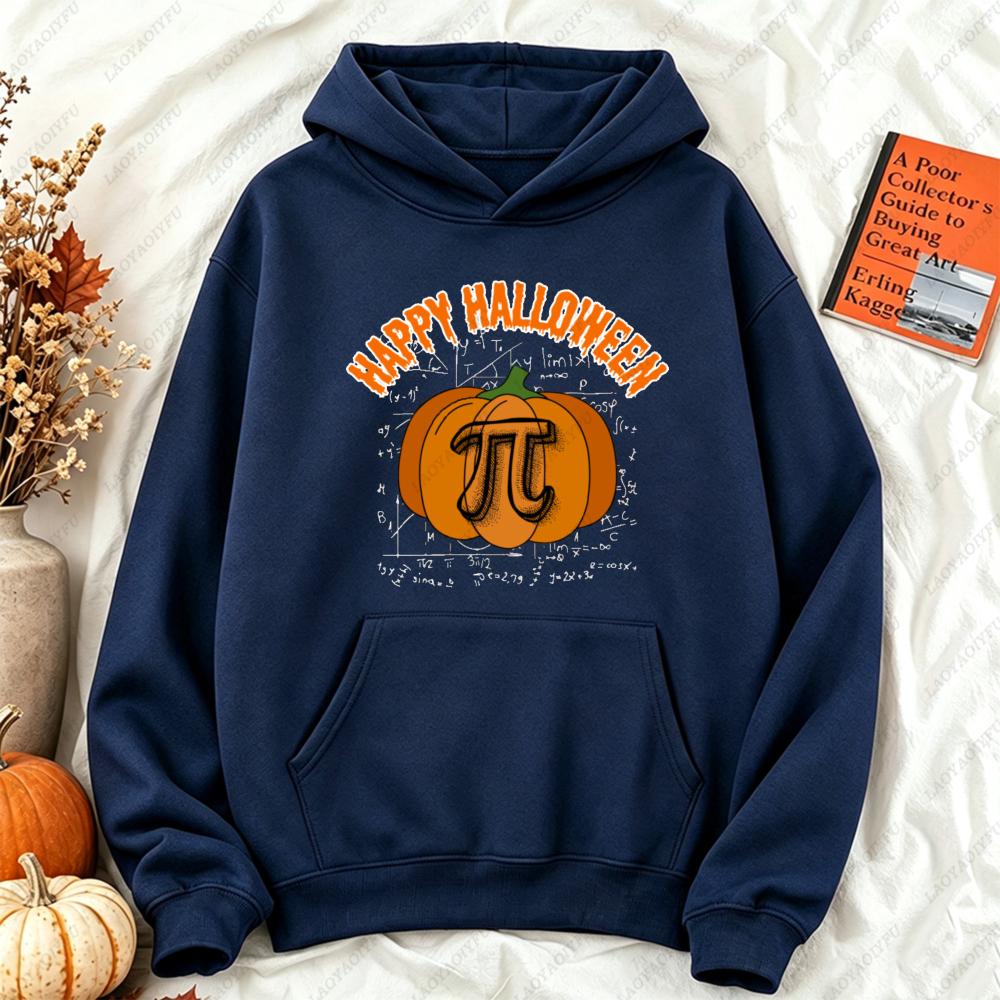 Happy Halloween Pumpkin Pi Math Teacher Graphic Hoodie Women Funny Science Bookworm Casual Long Sleeve Fall Holiday Daily Wear