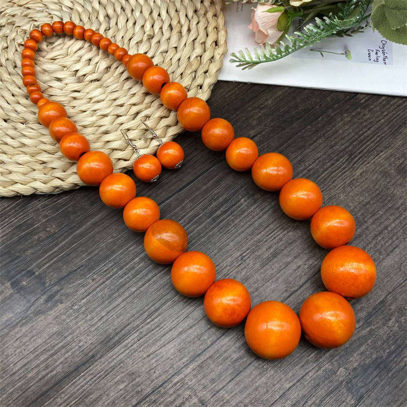 Exaggerate Suite Fashion Bohemian Style Wooden Bead Necklace Earrings Suite Vacation Style
