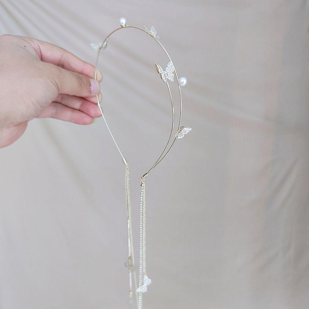 Rhinestone Tassel Pearl Hair Hoop Woman Tiara Butterfly Headband Headband Headdress