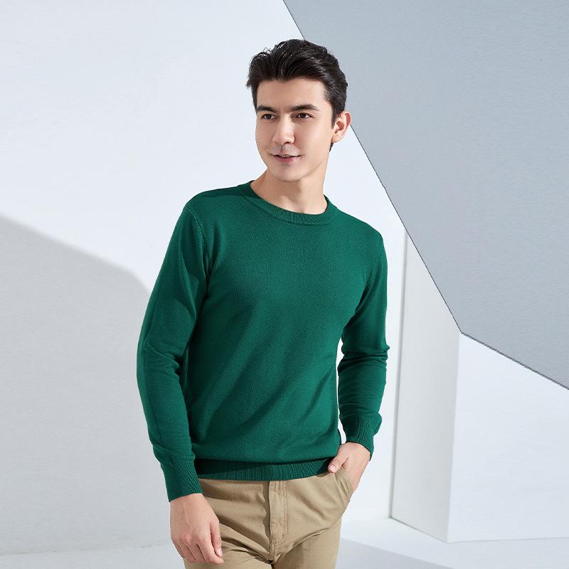 Осень и Зима Мужской Трикотажный Свитер с Круглым Вырезом, Свободный, Утепленный Пуловер, Однотонный, с Длинным Рукавом, Короткий, Деловой, Базовый, Теплый Свитер