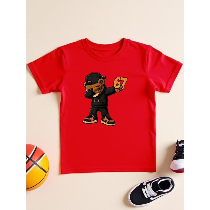 European sizes Trendy Cartoon Bear Print Children's T-shirt, Unisex Spring/Autumn Hooded Sweatshirt, Casual Sportswear Top with 67 Number Pattern