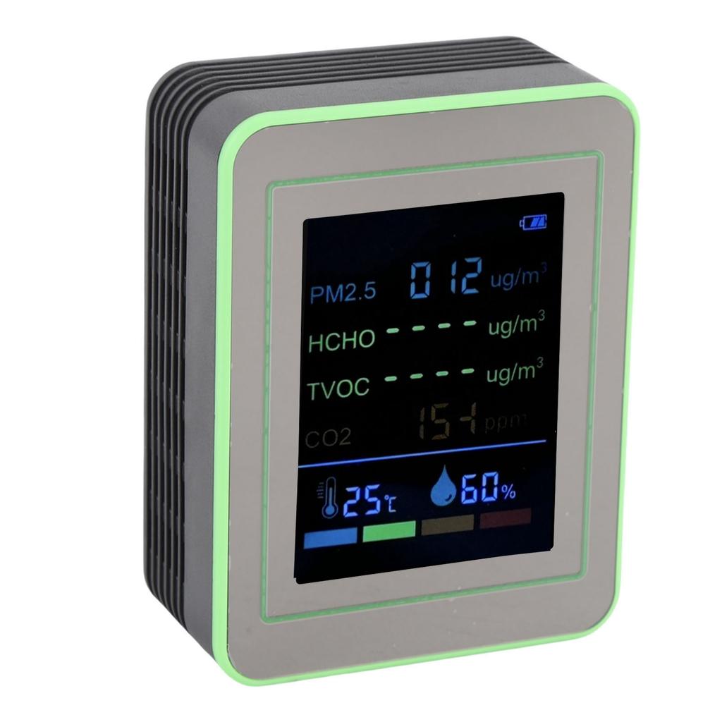 Air Quality Meter 6 In 1 CO2 PM2.5 HCHO TVOC Temp Humid Smart Detect Tester Indoor Battery Powered Black and Green