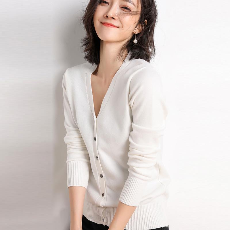 Женские кардиганы с длинным рукавом, вязаная верхняя одежда, однотонные тонкие весенне-осенние свитера, трикотажные изделия с V-образным вырезом, кардиганы в корейском стиле