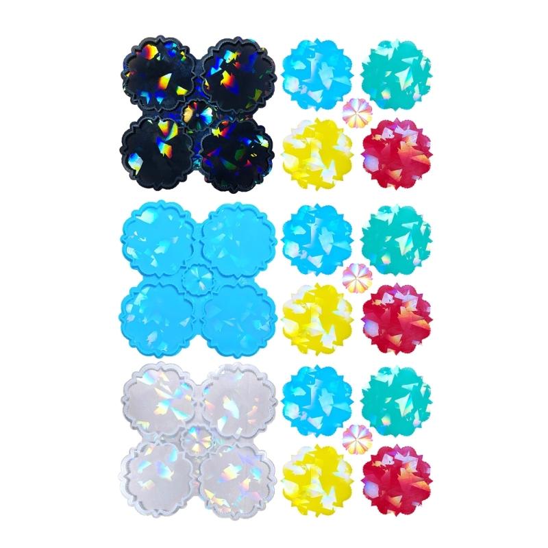 Crystal Coaster Mold 4-Cavity Flower Shaped Holographic Resin Molds Silicone Jewelry Making Epoxy Mould Decorative DIY