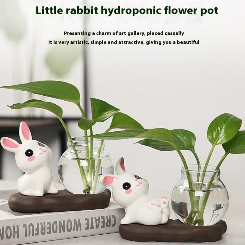 [PLUM]Cute Rabbit Hydroponic Plant Vases Transparent Glass Vase Tabletop Decoration Aquatic Flower Bottle With Wooden Base.;