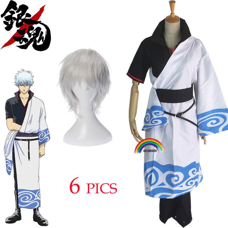 Аниме Gintama Косплей Костюмы Саката Гинтоки Косплей Костюм Кимоно Хэллоуин Карнавал Вечеринка Серебряная Душа Косплей Костюм Парики