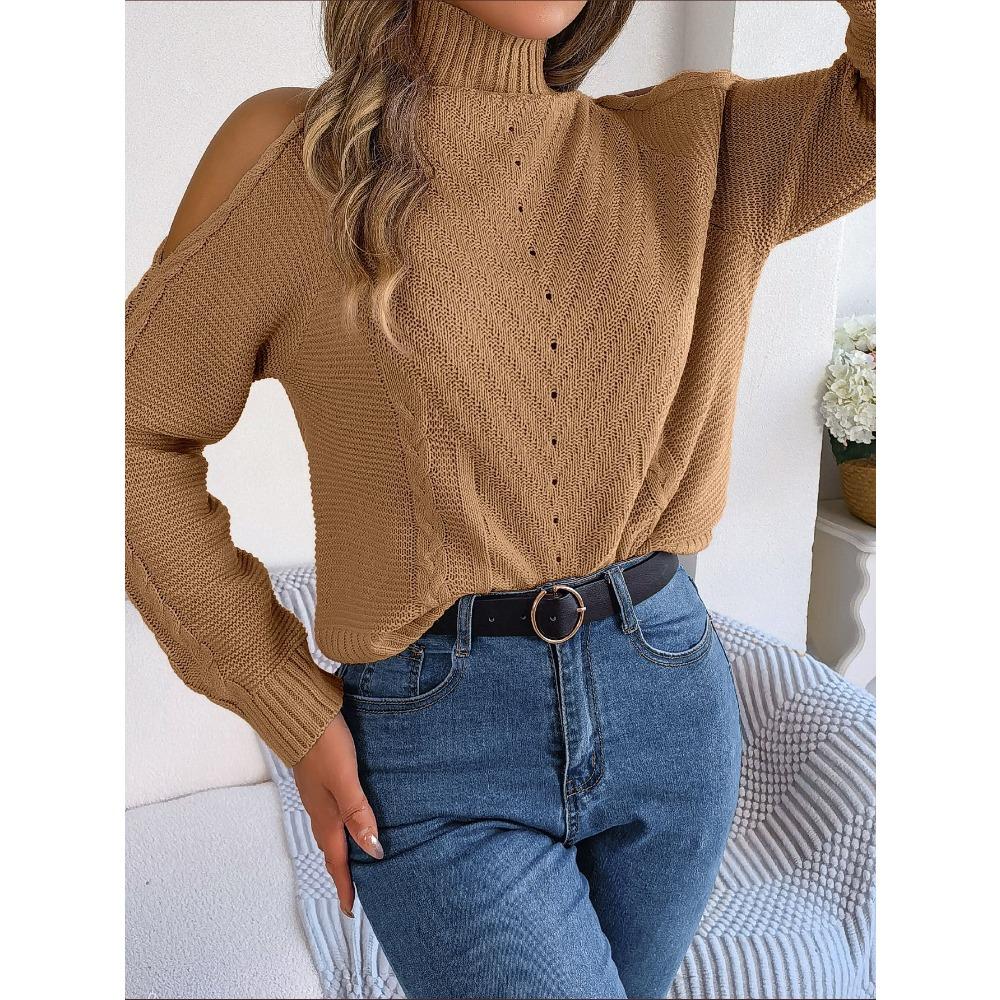 Повседневная водолазка с открытыми плечами, полый вязаный пуловер с длинными рукавами и свитером