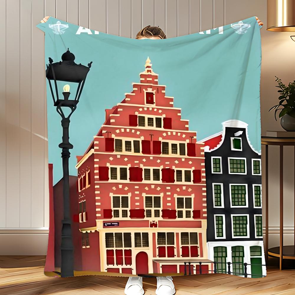 city landmark Amsterdam Throw Soft Coral Fleece Blanket 310gsm Fluffy Warm Throw for Sofa Bed Couch Bedroom Decor